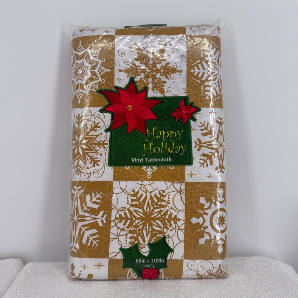 Vtg NOS Holiday Vinyl Tablecloth Gold Snowflake Poinsettia 60in x 102in Oblong